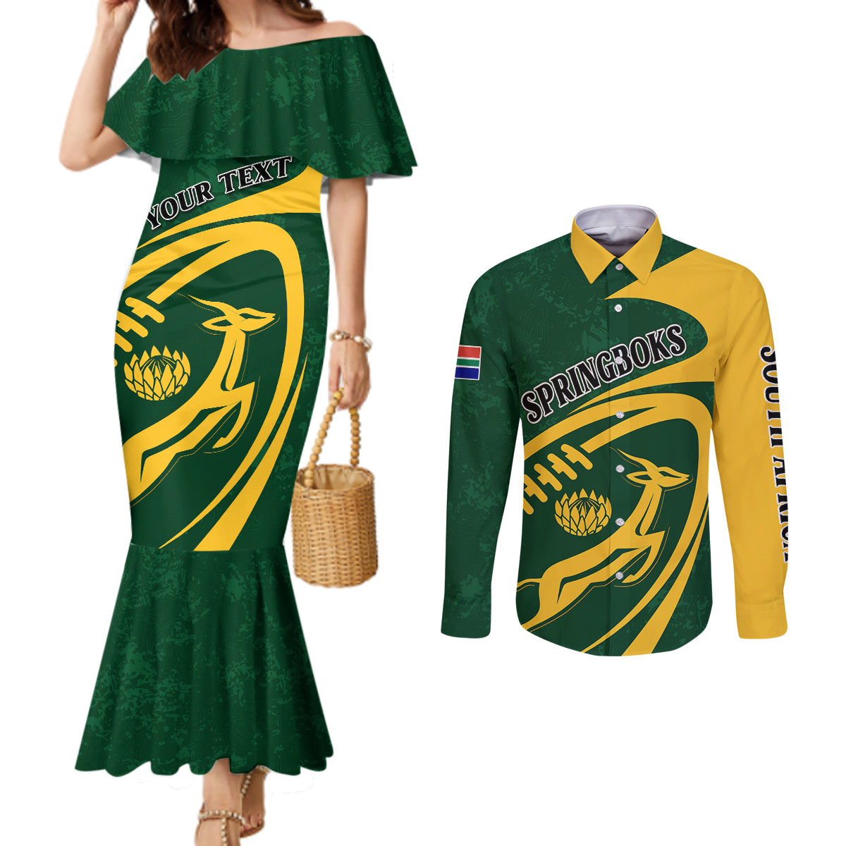 personalised-south-africa-rugby-2023-couples-matching-mermaid-dress-and-long-sleeve-button-shirts-bokke-champions-sporty-dynamics