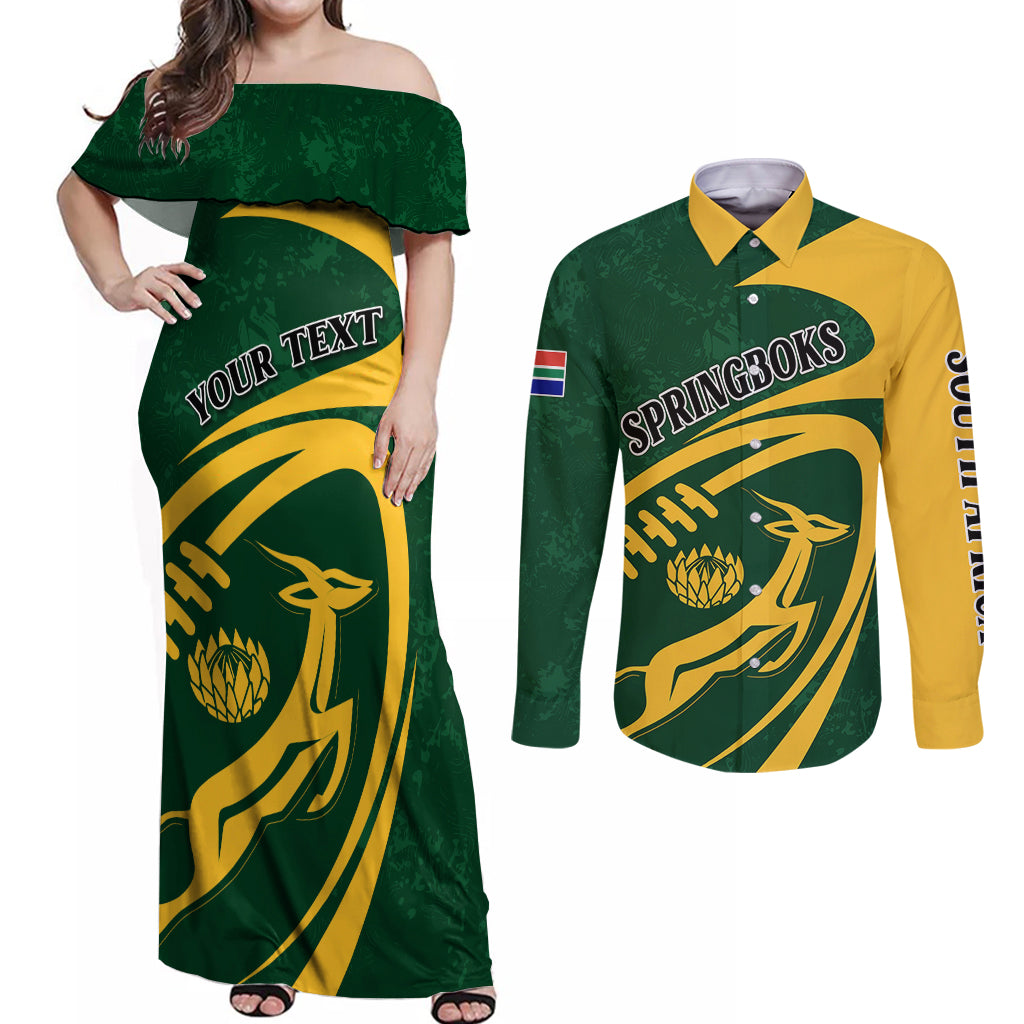 Personalised South Africa Rugby 2023 Couples Matching Off Shoulder Maxi Dress and Long Sleeve Button Shirts Bokke Champions Sporty Dynamics LT7 - Wonder Print Shop