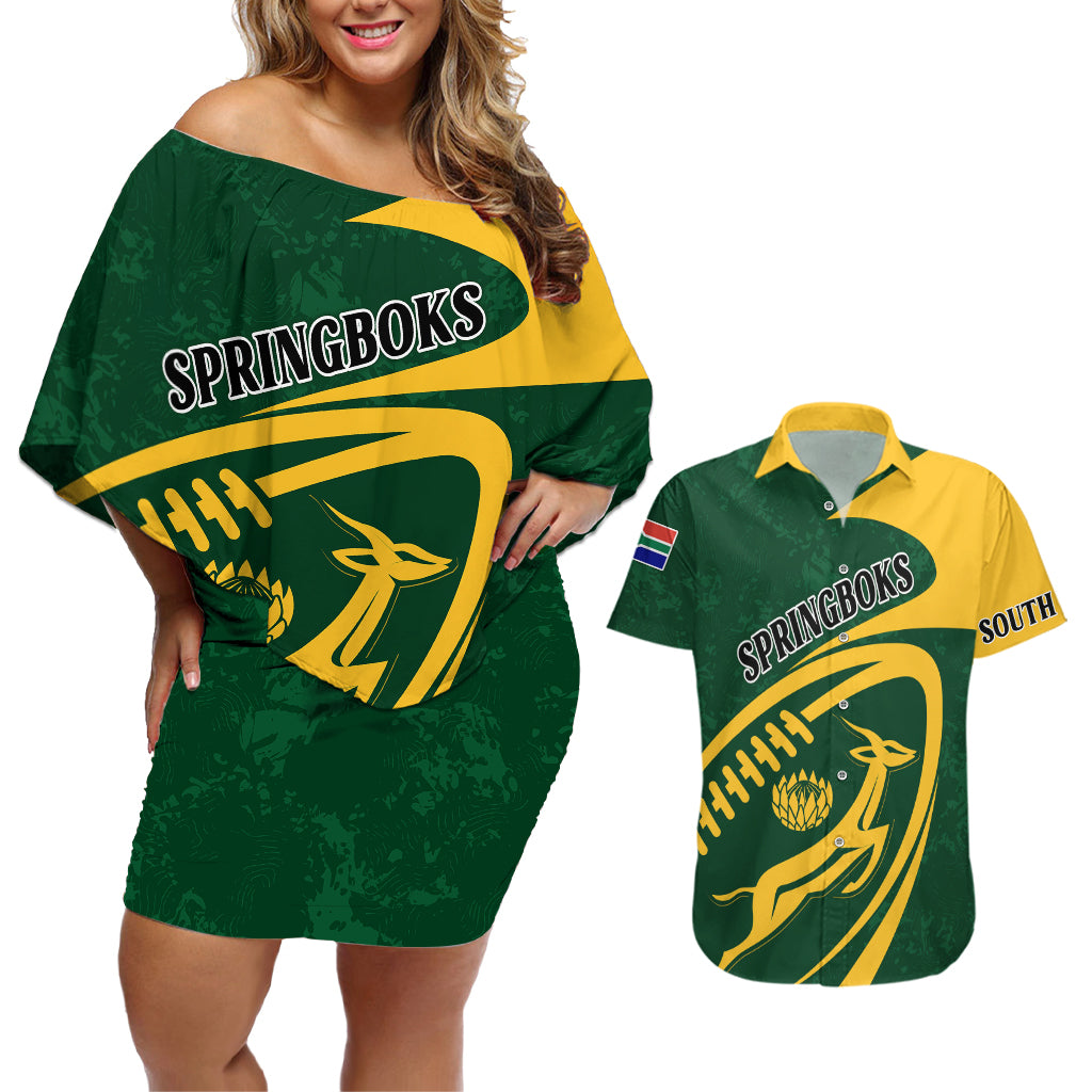 Personalised South Africa Rugby 2023 Couples Matching Off Shoulder Short Dress and Hawaiian Shirt Bokke Champions Sporty Dynamics LT7 - Wonder Print Shop