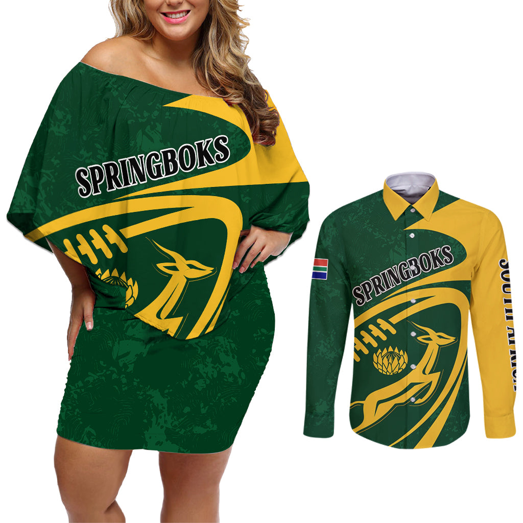 Personalised South Africa Rugby 2023 Couples Matching Off Shoulder Short Dress and Long Sleeve Button Shirts Bokke Champions Sporty Dynamics LT7 - Wonder Print Shop