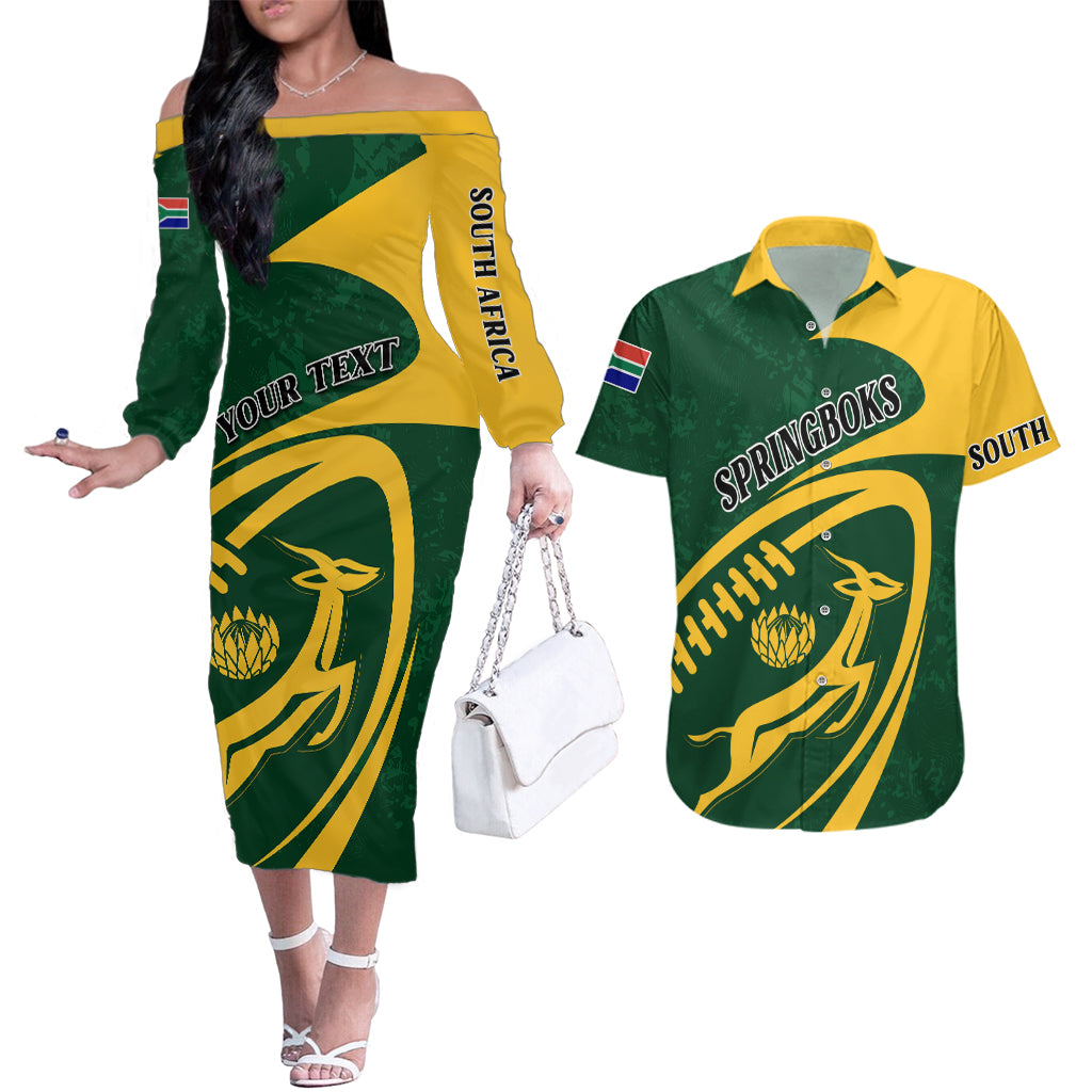 Personalised South Africa Rugby 2023 Couples Matching Off The Shoulder Long Sleeve Dress and Hawaiian Shirt Bokke Champions Sporty Dynamics LT7 - Wonder Print Shop