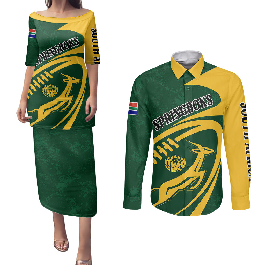 Personalised South Africa Rugby 2023 Couples Matching Puletasi Dress and Long Sleeve Button Shirts Bokke Champions Sporty Dynamics LT7 - Wonder Print Shop