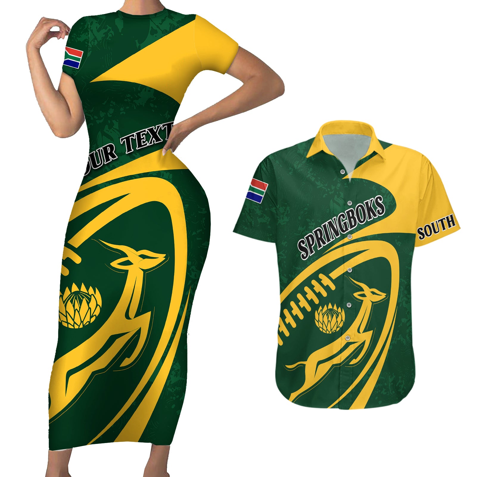 Personalised South Africa Rugby 2023 Couples Matching Short Sleeve Bodycon Dress and Hawaiian Shirt Bokke Champions Sporty Dynamics LT7 - Wonder Print Shop