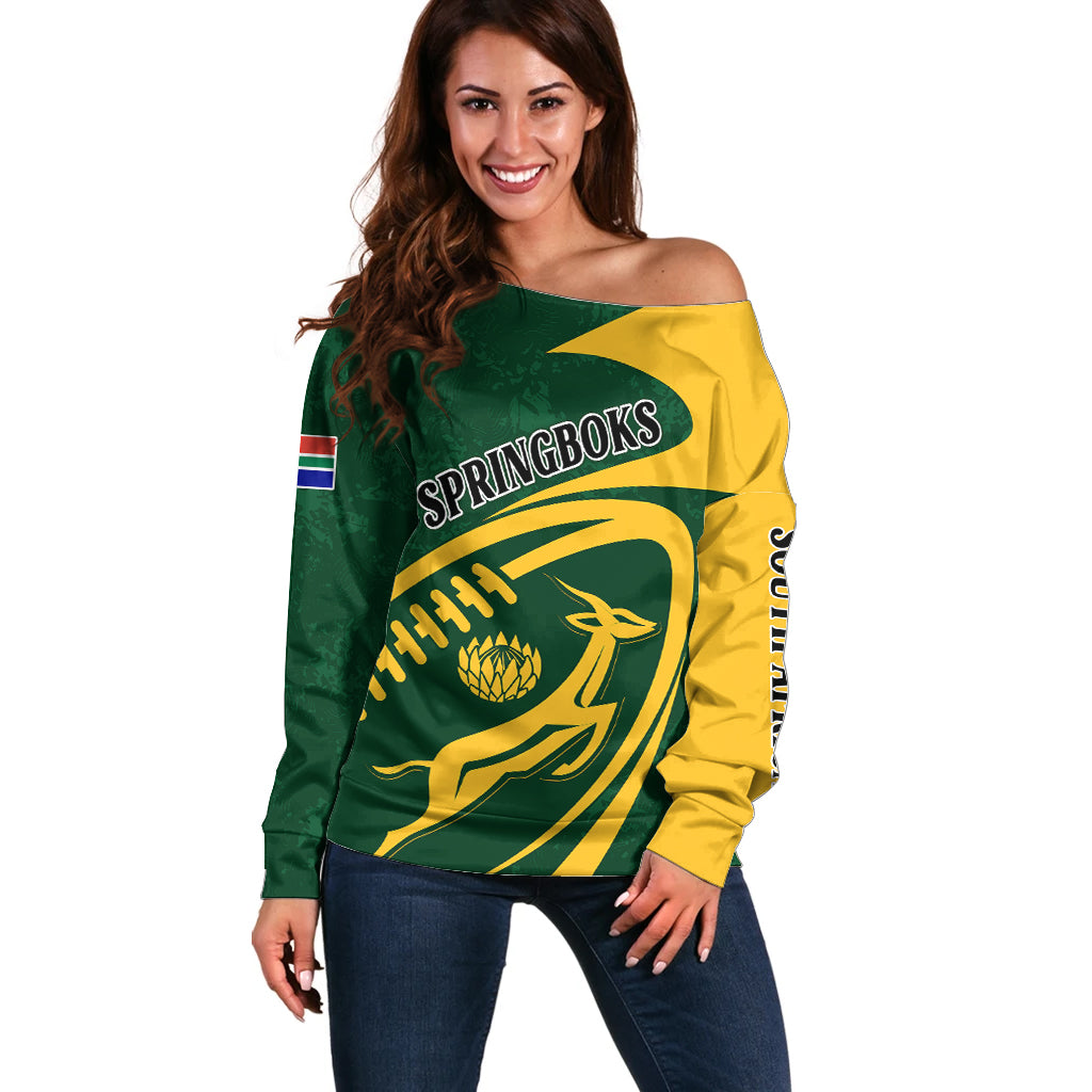 Personalised South Africa Rugby 2023 Off Shoulder Sweater Bokke Champions Sporty Dynamics - Wonder Print Shop