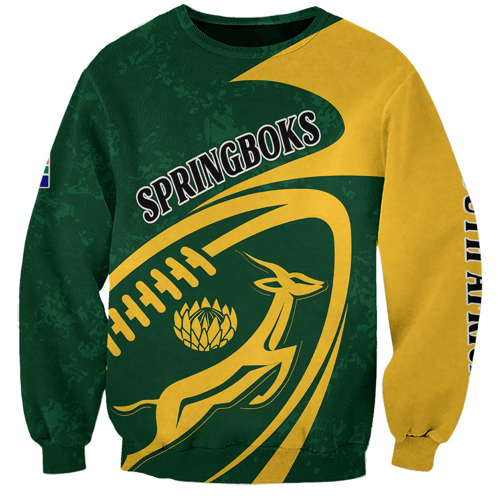 Green and yellow rugby sweatshirt with front SPRINGBOKS graphic and crew neck