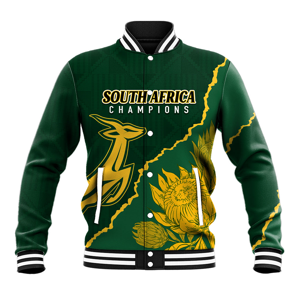 Green South Africa Champions varsity baseball jacket with ribbed collar and golden graphic