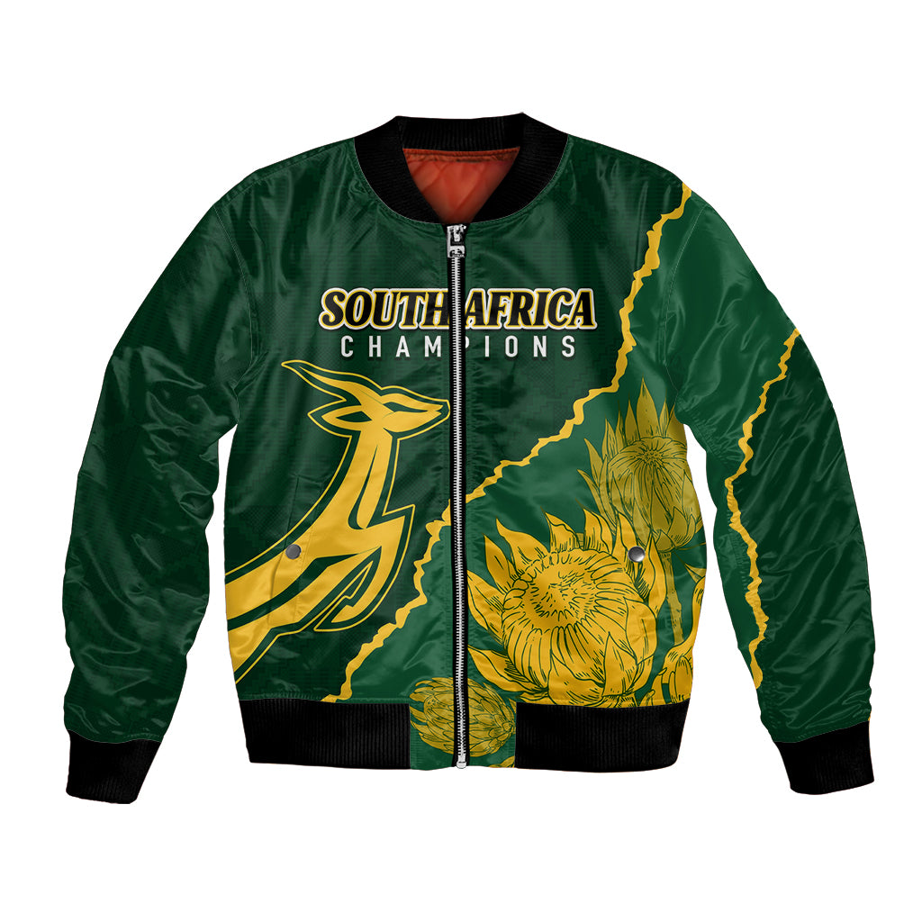 Green bomber jacket with front zipper, South Africa Champions crest and gold kente-style art