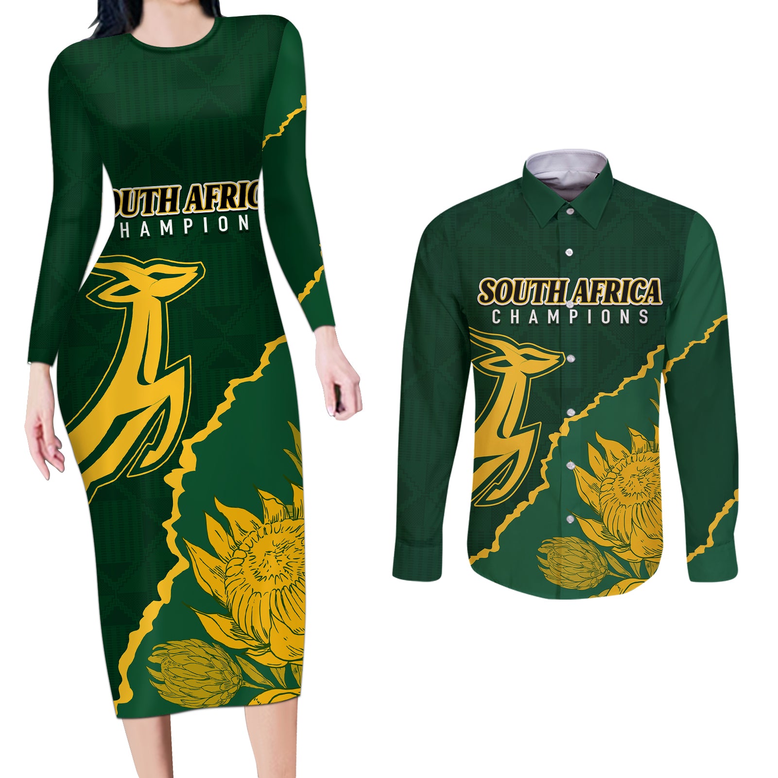 Personalised South Africa Rugby 2023 Couples Matching Long Sleeve Bodycon Dress and Long Sleeve Button Shirts Bokke Champions Kente Ethnic LT7 - Wonder Print Shop