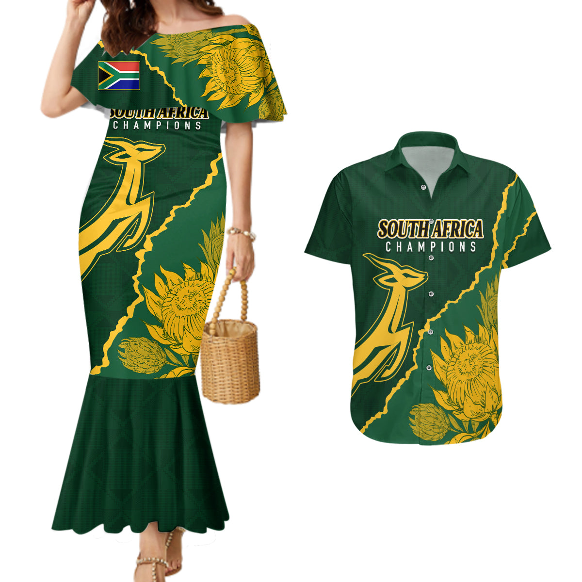 Personalised South Africa Rugby 2023 Couples Matching Mermaid Dress and Hawaiian Shirt Bokke Champions Kente Ethnic LT7 - Wonder Print Shop