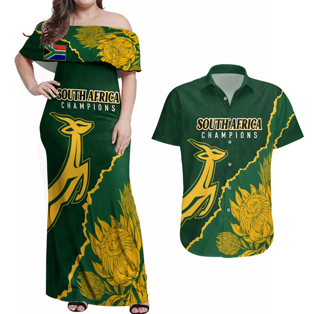 Personalised South Africa Rugby 2023 Couples Matching Off Shoulder Maxi Dress and Hawaiian Shirt Bokke Champions Kente Ethnic LT7 - Wonder Print Shop