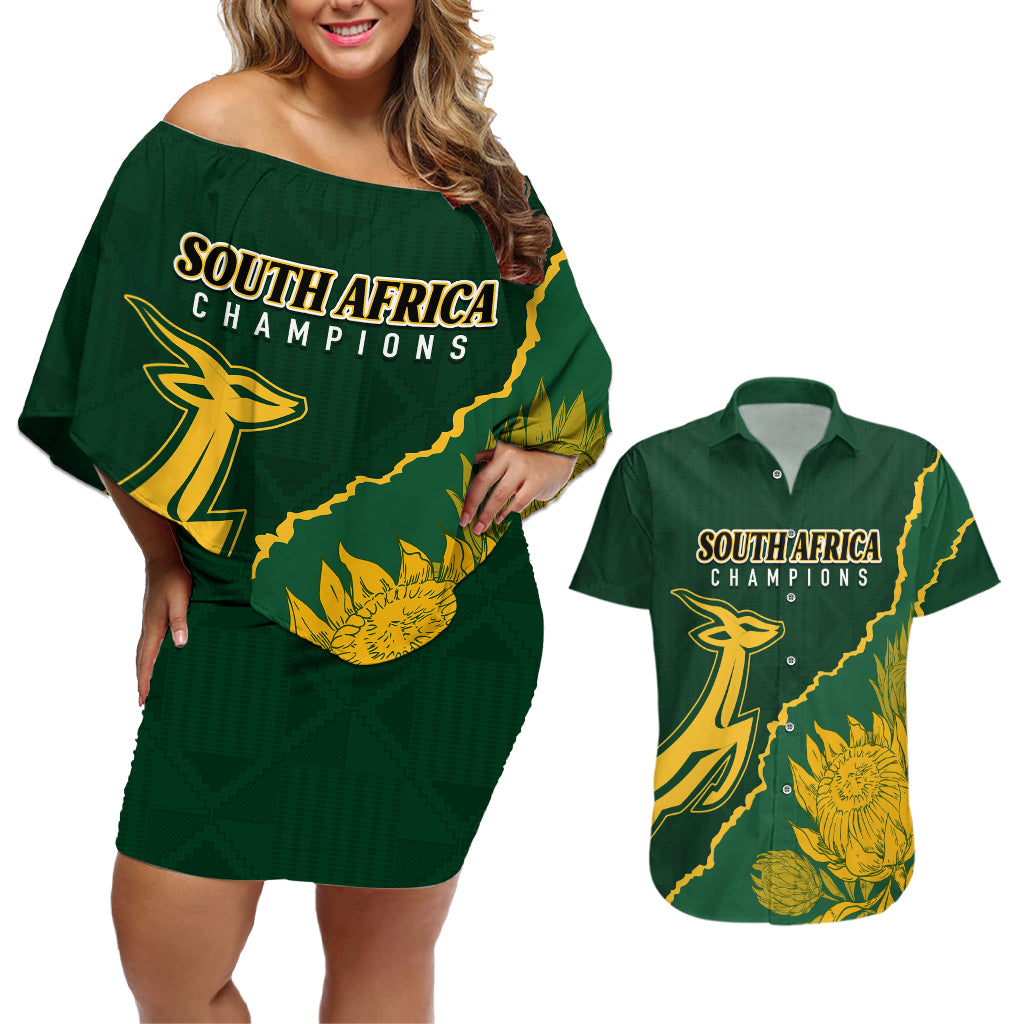 Personalised South Africa Rugby 2023 Couples Matching Off Shoulder Short Dress and Hawaiian Shirt Bokke Champions Kente Ethnic LT7 - Wonder Print Shop