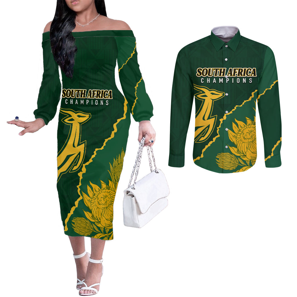 personalised-south-africa-rugby-2023-couples-matching-off-the-shoulder-long-sleeve-dress-and-long-sleeve-button-shirts-bokke-champions-kente-ethnic