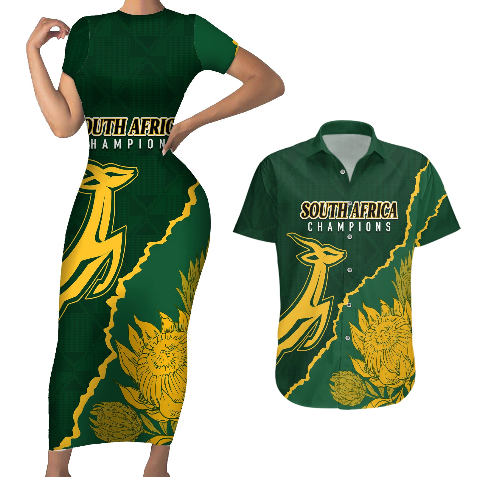 Personalised South Africa Rugby 2023 Couples Matching Short Sleeve Bodycon Dress and Hawaiian Shirt Bokke Champions Kente Ethnic LT7 - Wonder Print Shop