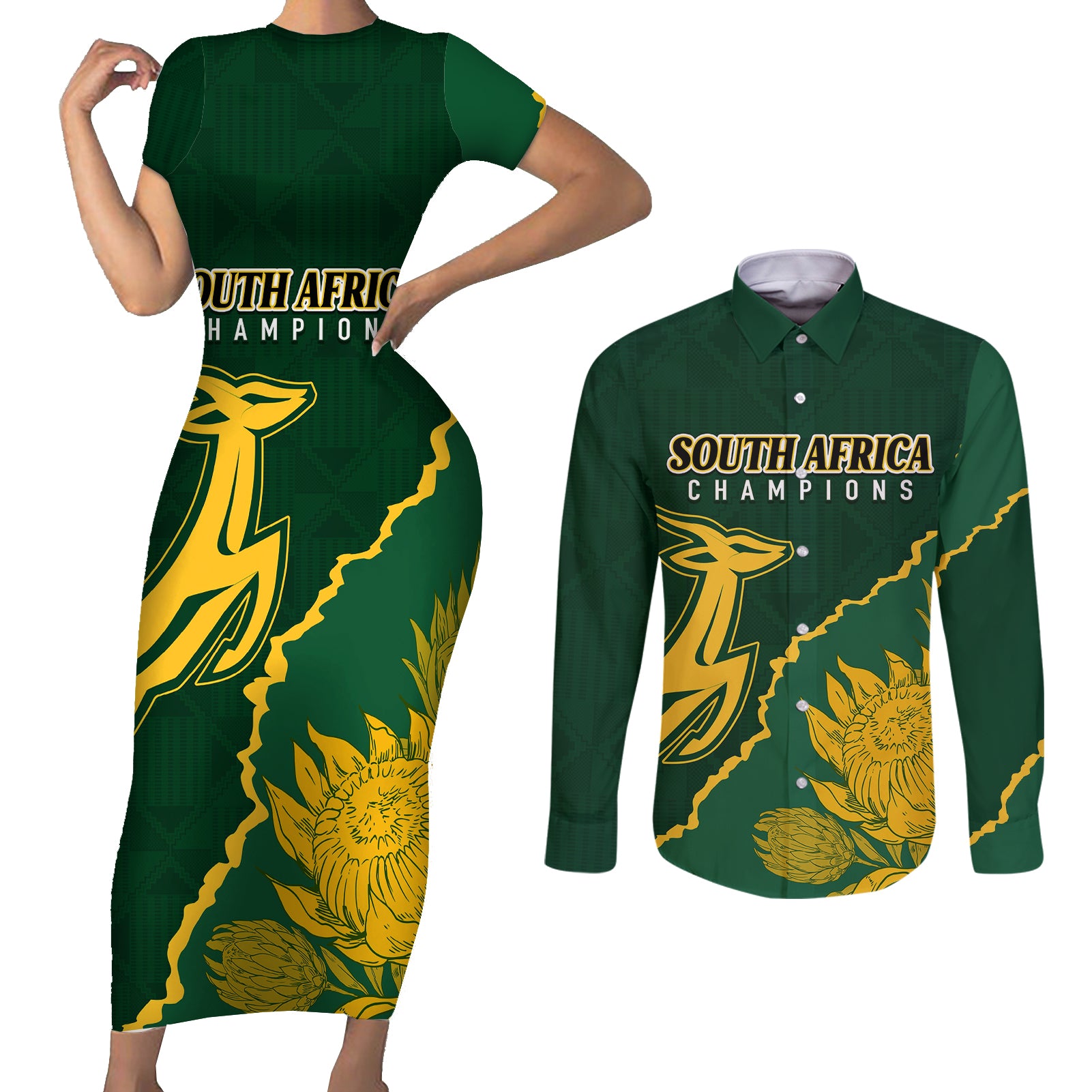 Personalised South Africa Rugby 2023 Couples Matching Short Sleeve Bodycon Dress and Long Sleeve Button Shirts Bokke Champions Kente Ethnic LT7 - Wonder Print Shop