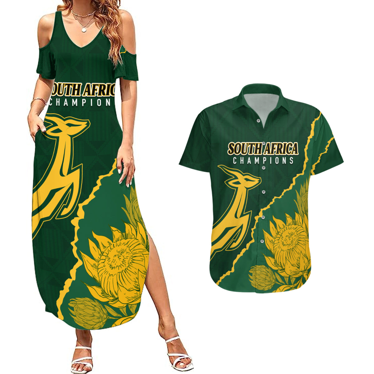 Personalised South Africa Rugby 2023 Couples Matching Summer Maxi Dress and Hawaiian Shirt Bokke Champions Kente Ethnic LT7 - Wonder Print Shop