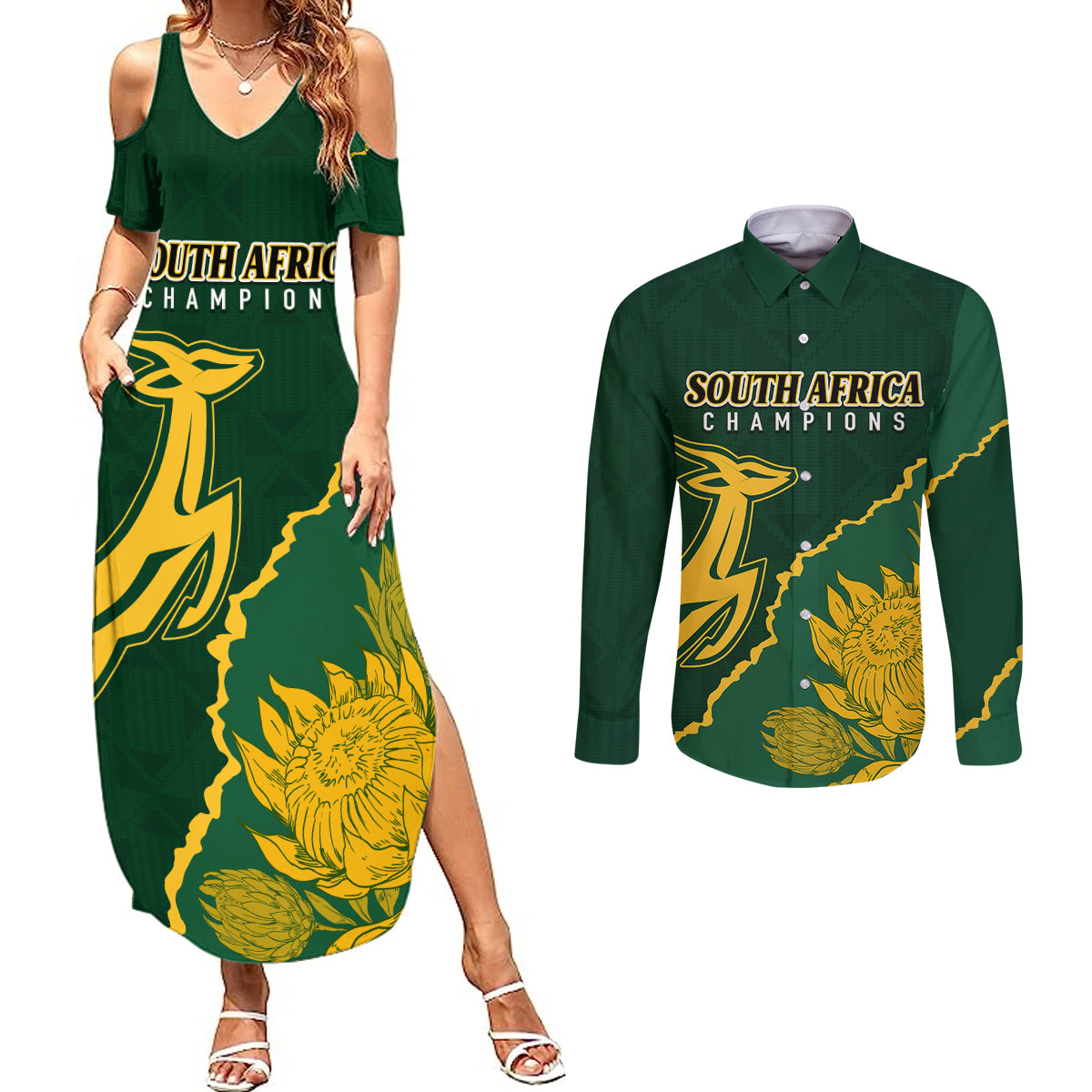 Personalised South Africa Rugby 2023 Couples Matching Summer Maxi Dress and Long Sleeve Button Shirts Bokke Champions Kente Ethnic LT7 - Wonder Print Shop