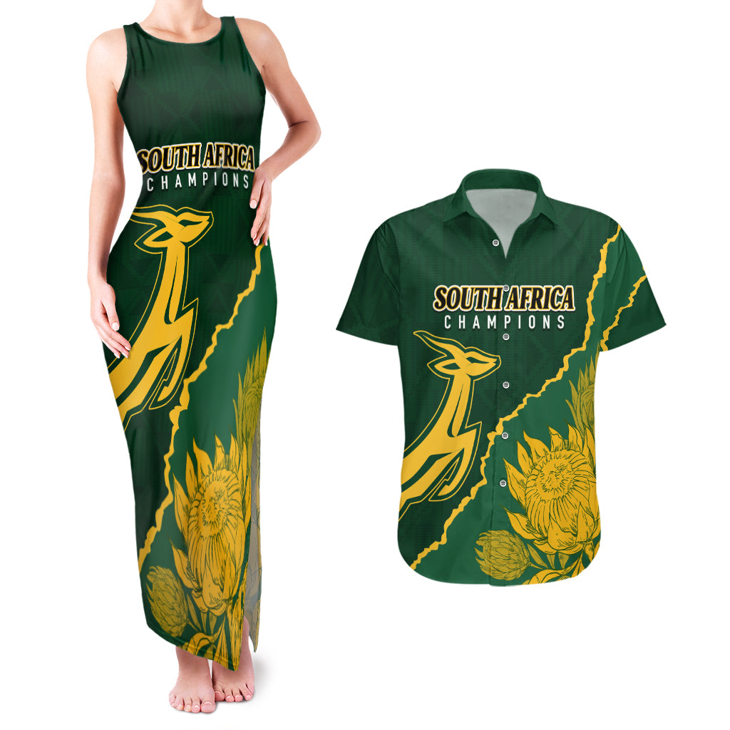 Personalised South Africa Rugby 2023 Couples Matching Tank Maxi Dress and Hawaiian Shirt Bokke Champions Kente Ethnic LT7 - Wonder Print Shop