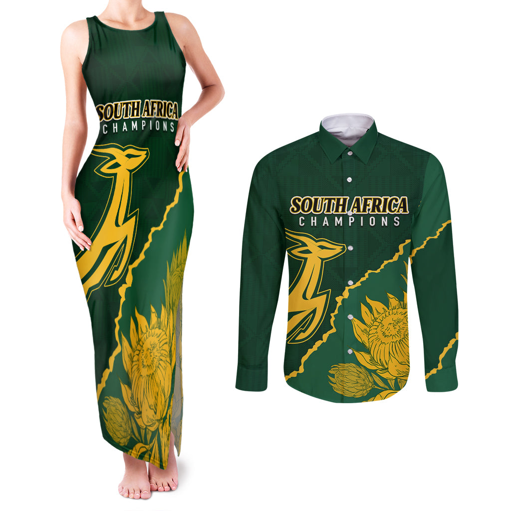 Personalised South Africa Rugby 2023 Couples Matching Tank Maxi Dress and Long Sleeve Button Shirts Bokke Champions Kente Ethnic LT7 - Wonder Print Shop