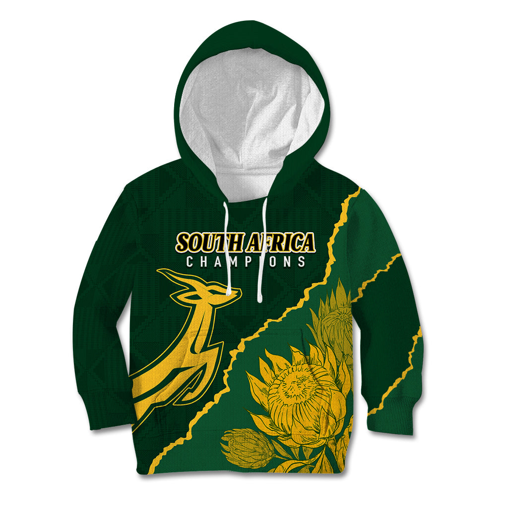 Personalised South Africa Rugby 2023 Kid Hoodie Bokke Champions Kente Ethnic - Wonder Print Shop