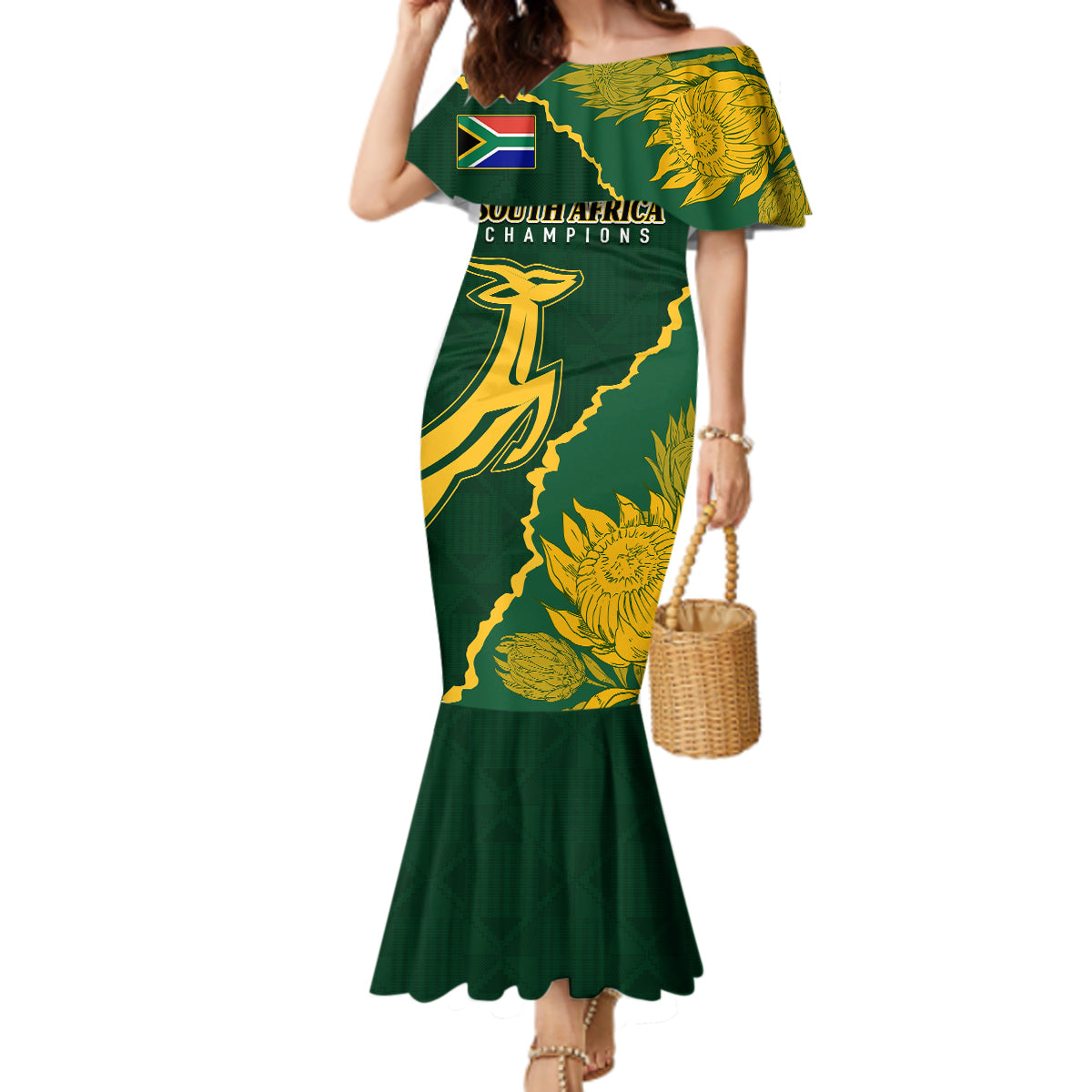 Personalised South Africa Rugby 2023 Mermaid Dress Bokke Champions Kente Ethnic - Wonder Print Shop