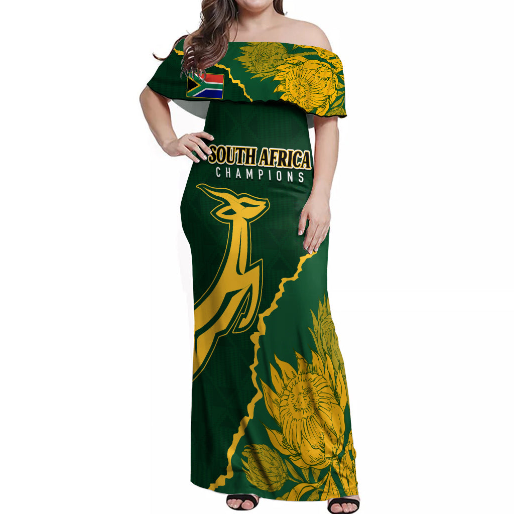 Personalised South Africa Rugby 2023 Off Shoulder Maxi Dress Bokke Champions Kente Ethnic - Wonder Print Shop