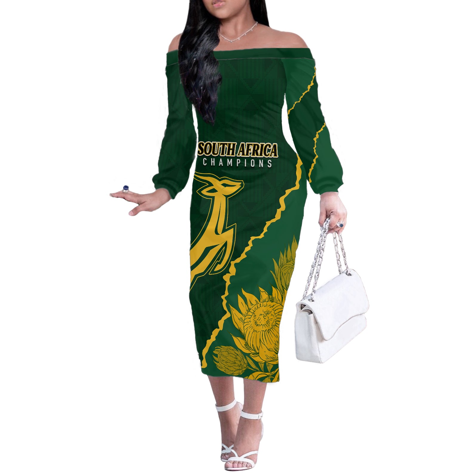 Personalised South Africa Rugby 2023 Off The Shoulder Long Sleeve Dress Bokke Champions Kente Ethnic - Wonder Print Shop