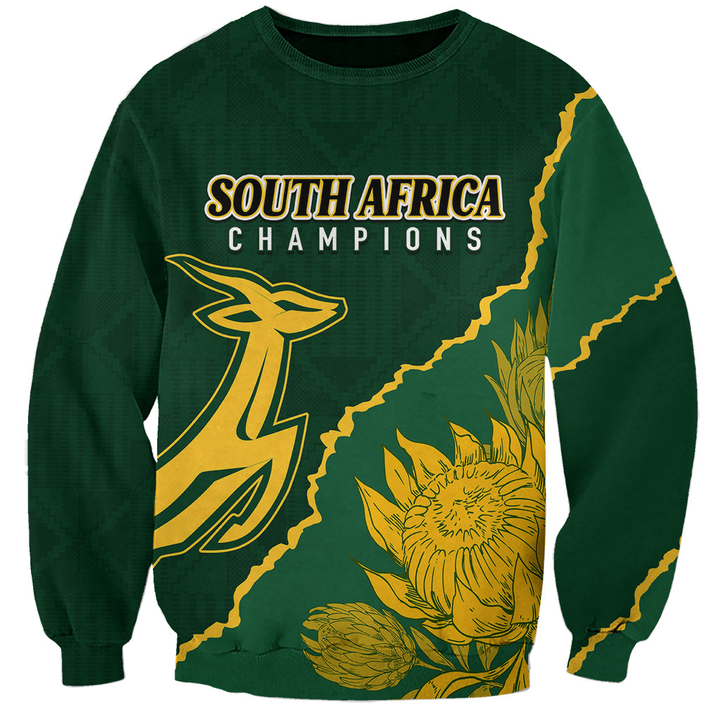 Green rugby sweatshirt with South Africa champions text and gold map graphic