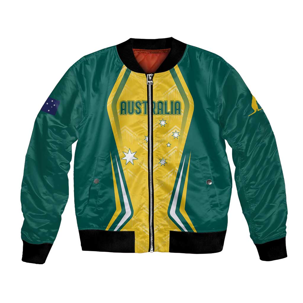Green and yellow bomber jacket with Australia logo, striped graphic, ribbed cuffs