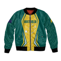 Green and yellow bomber jacket with Australia logo, striped graphic, ribbed cuffs