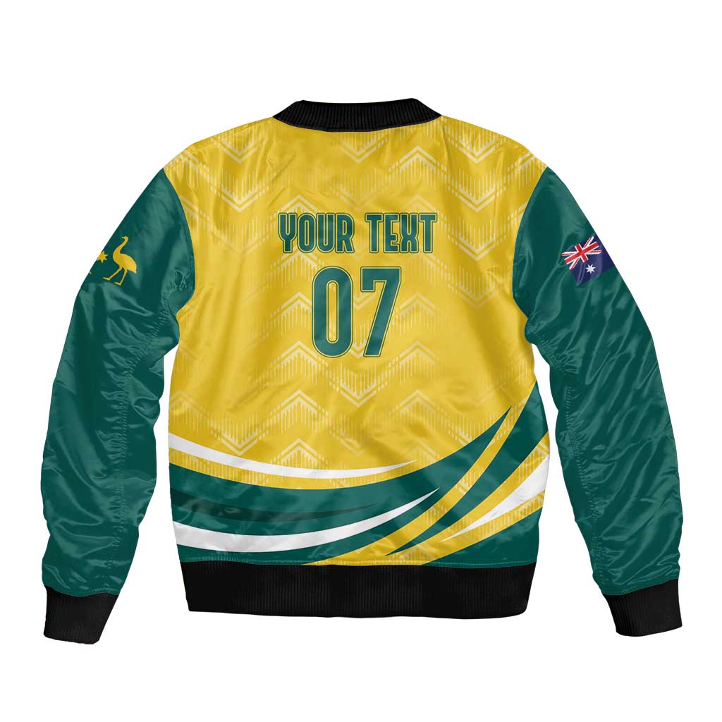 Yellow and green bomber jacket back with 'YOUR TEXT' and 07 graphic, ribbed hem