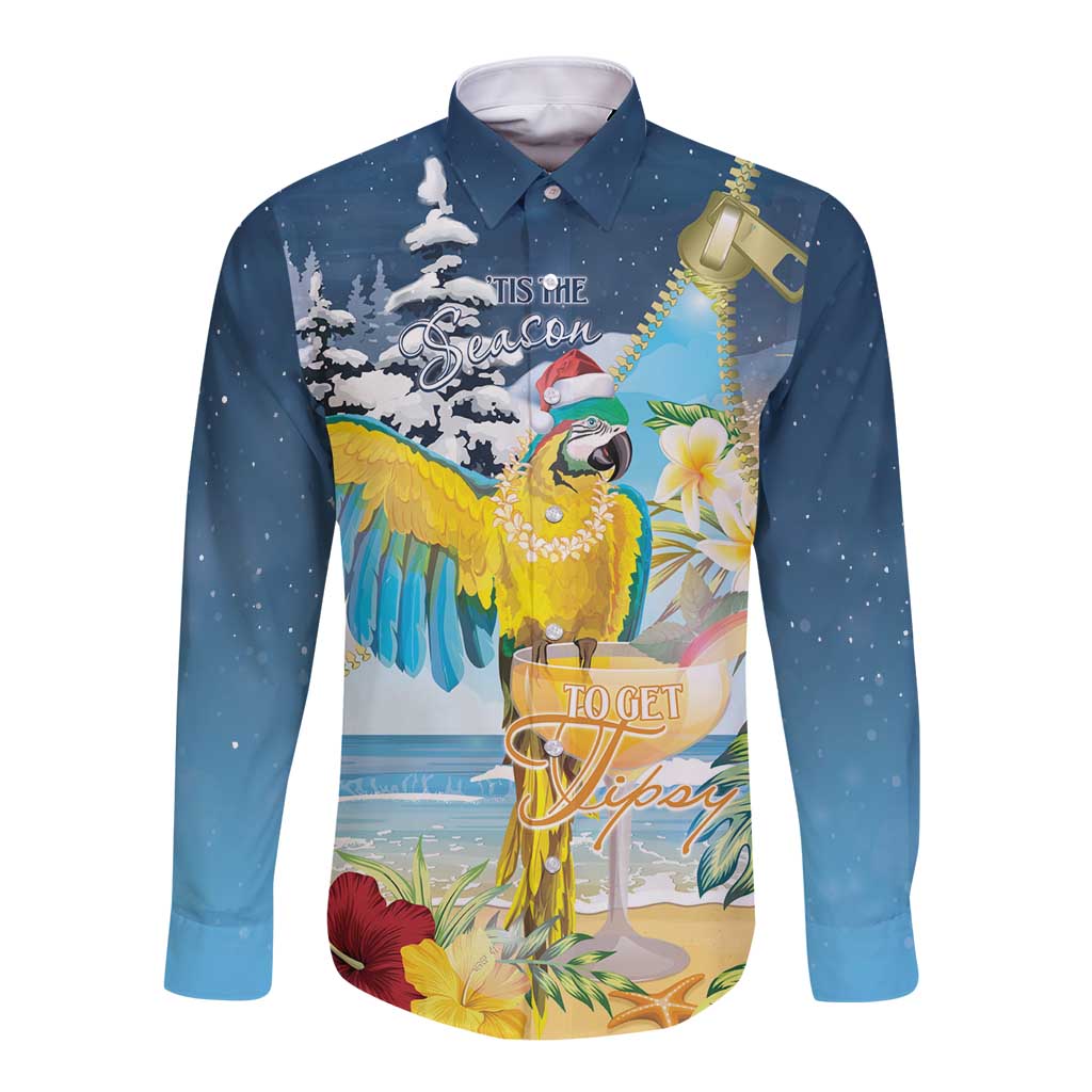 Colorful tropical Christmas long sleeve button shirt with parrot graphic and text