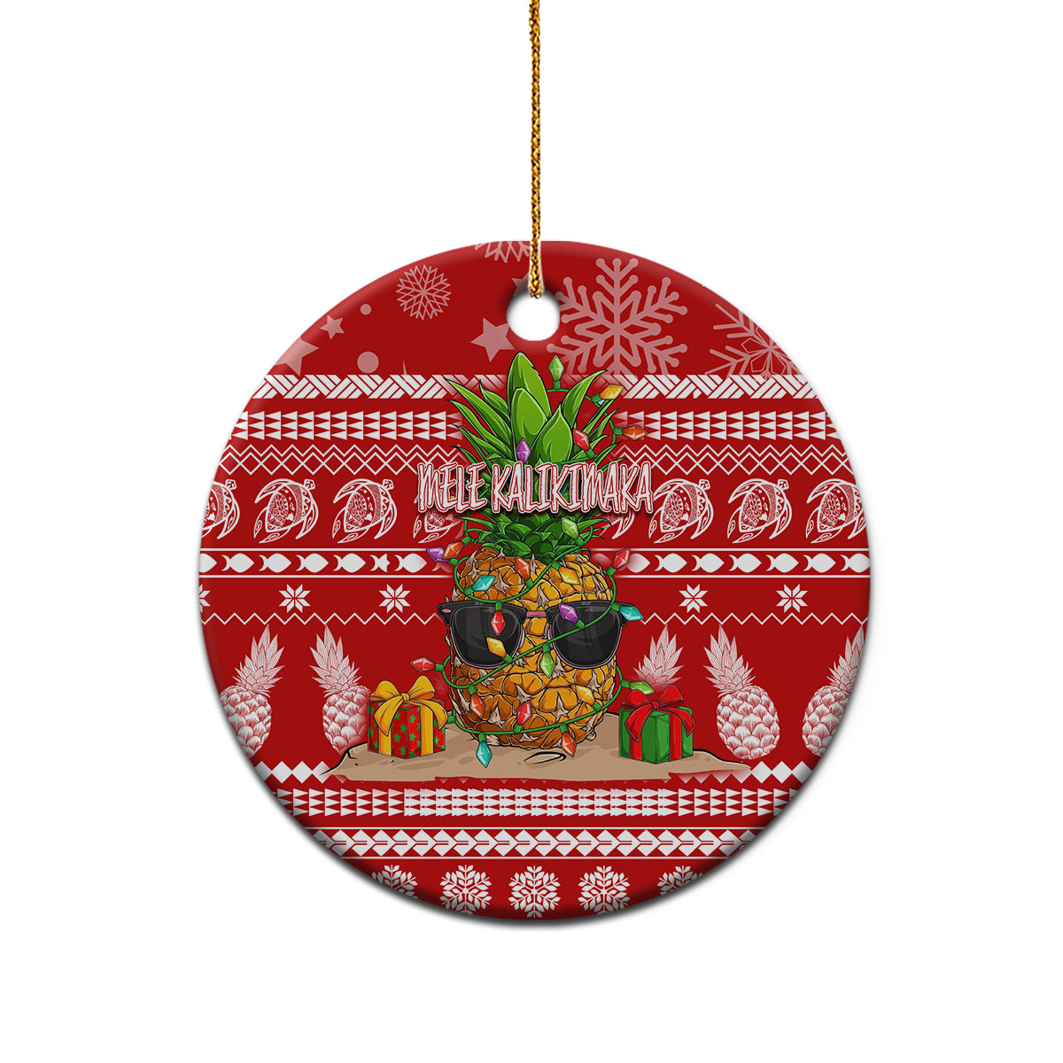Red ceramic round Christmas ornament, pineapple and “Mele Kalikimaka” design, on gold string