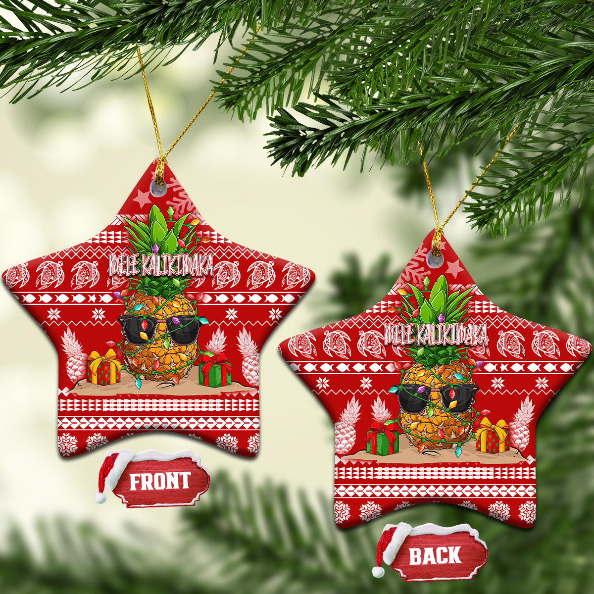 Red ceramic star-shaped Christmas ornaments with pineapple artwork and “Mele Kalikimaka”