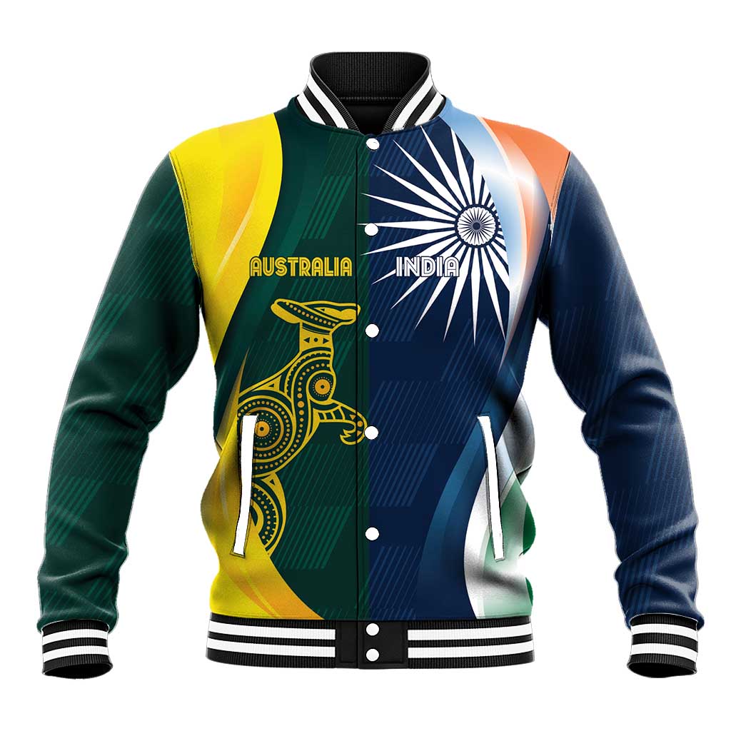 Color block baseball jacket with striped rib cuffs, button front, Australia and India graphics