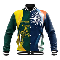 Color block baseball jacket with striped rib cuffs, button front, Australia and India graphics