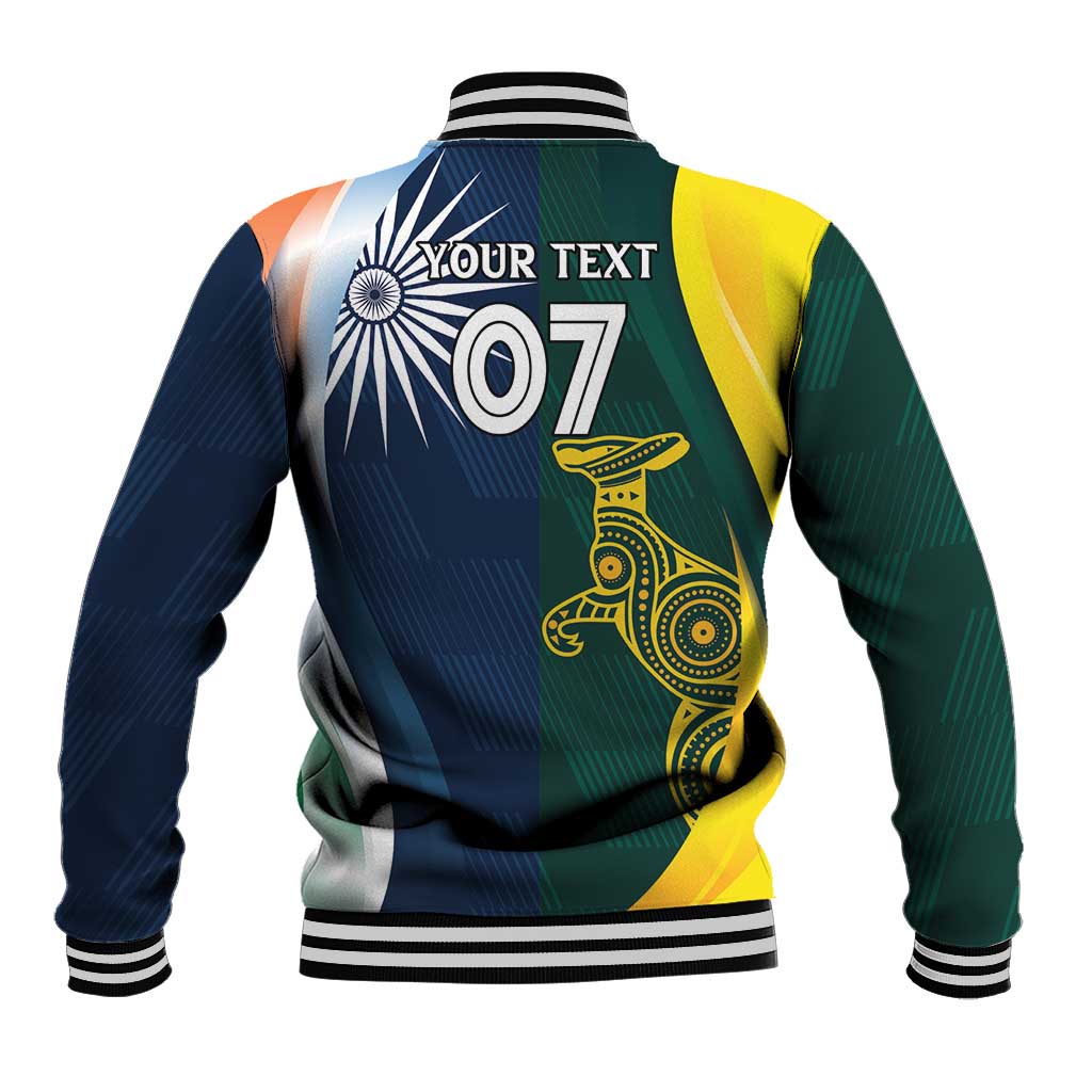 Baseball jacket back with striped collar, 'YOUR TEXT' 07, India crest and Australia graphic