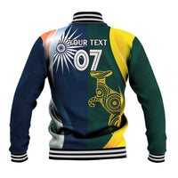 Baseball jacket back with striped collar, 'YOUR TEXT' 07, India crest and Australia graphic
