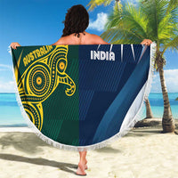 Round beach blanket with white fringe; green Australia kangaroo and blue India design, 'YOUR_TEXT'