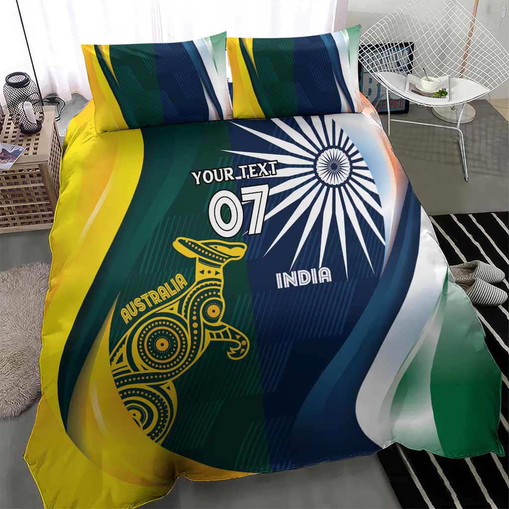 Bedding set duvet close-up with India/Australia flag artwork, 'YOUR TEXT' and '07'