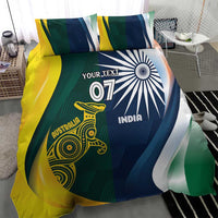 Bedding set duvet close-up with India/Australia flag artwork, 'YOUR TEXT' and '07'
