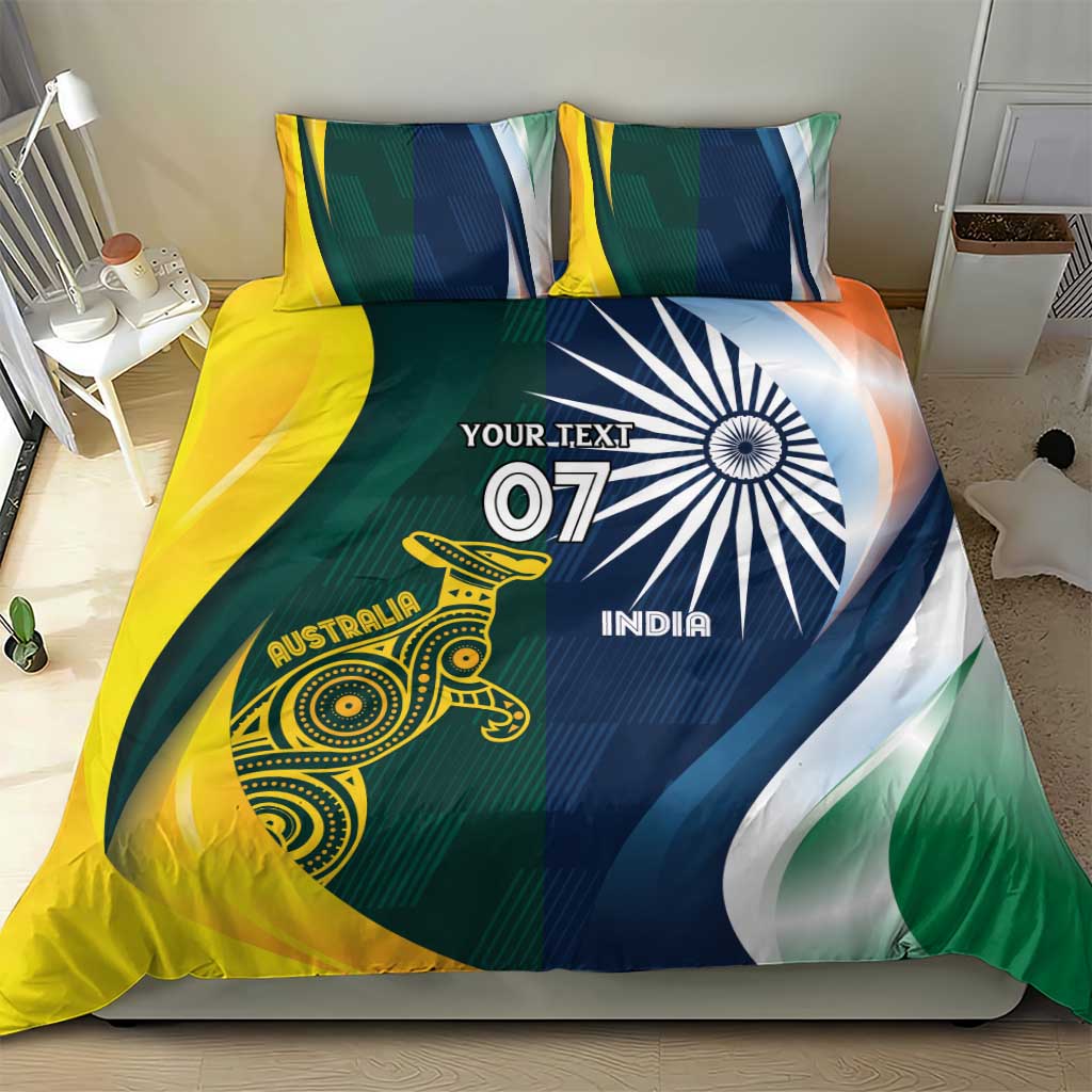 Bedding set duvet and two pillowcases with India/Australia flag design and 'YOUR TEXT' '07'