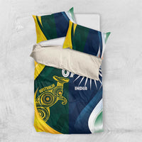 Bedding set on flat lay: duvet and pillowcases with India/Australia flag artwork