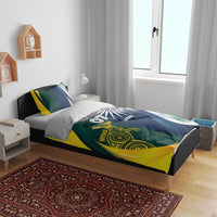Bedding set on bed with India/Australia flag duvet and matching pillowcases