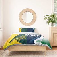 Bedding set duvet on bed with India/Australia flag print and 'YOUR TEXT' '07'