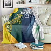 Cricket blanket half Australia, half India with cricket emblems and 'YOUR TEXT'.