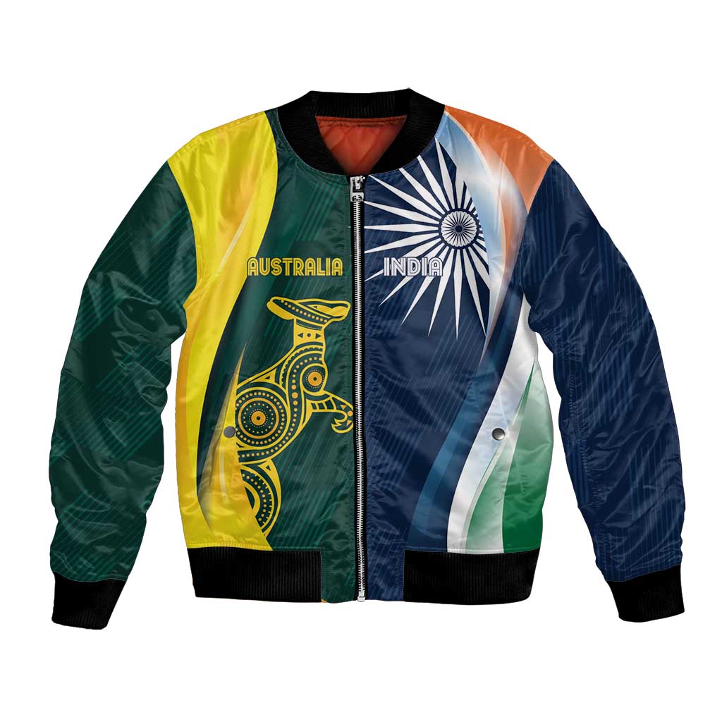 Colorful half-and-half cricket bomber jacket, zip front, Australia and India graphics