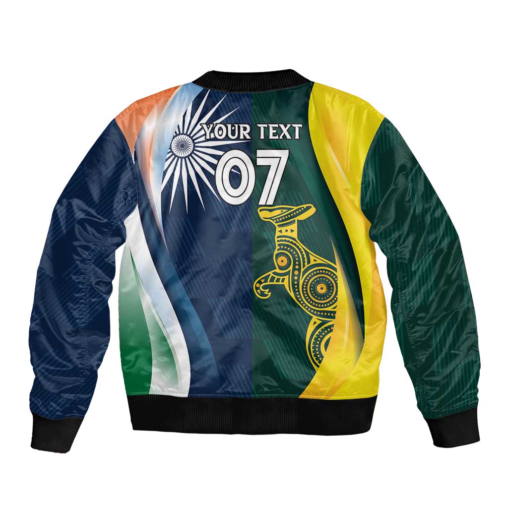 Half-and-half cricket bomber jacket back, 'OUR TEXT' and '07' with India/Australia art