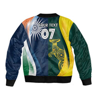 Half-and-half cricket bomber jacket back, 'OUR TEXT' and '07' with India/Australia art