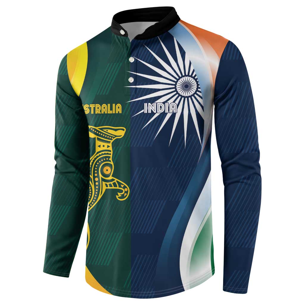 Long-sleeve cricket pullover with black collar and buttons, green-blue-yellow half graphic