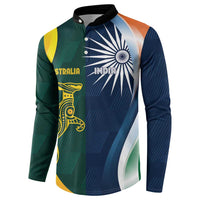 Long-sleeve cricket pullover with black collar and buttons, green-blue-yellow half graphic